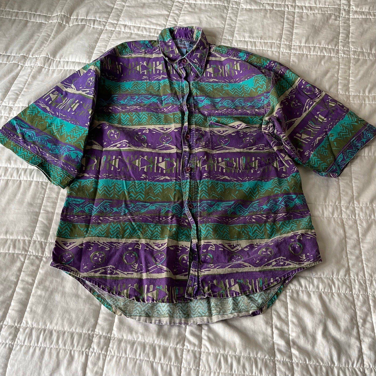 Vintage intropspect all over print tribal striped short sleeve shirt 90s small