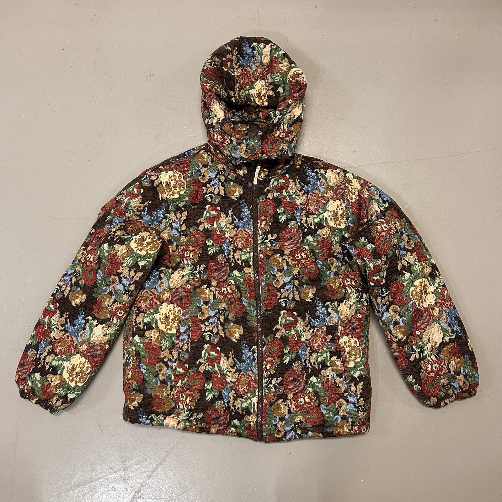 Kuwalla Tee Men’s XL Floral Brown Tapestry Jacket Zip Hooded Winter Coat