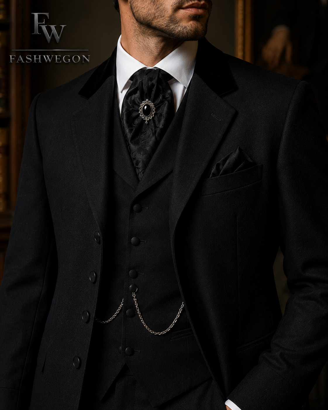 FASHWEGON Men’s Black Victorian 3 Piece Tailcoat Suit Formal Wedding Tuxedo Set