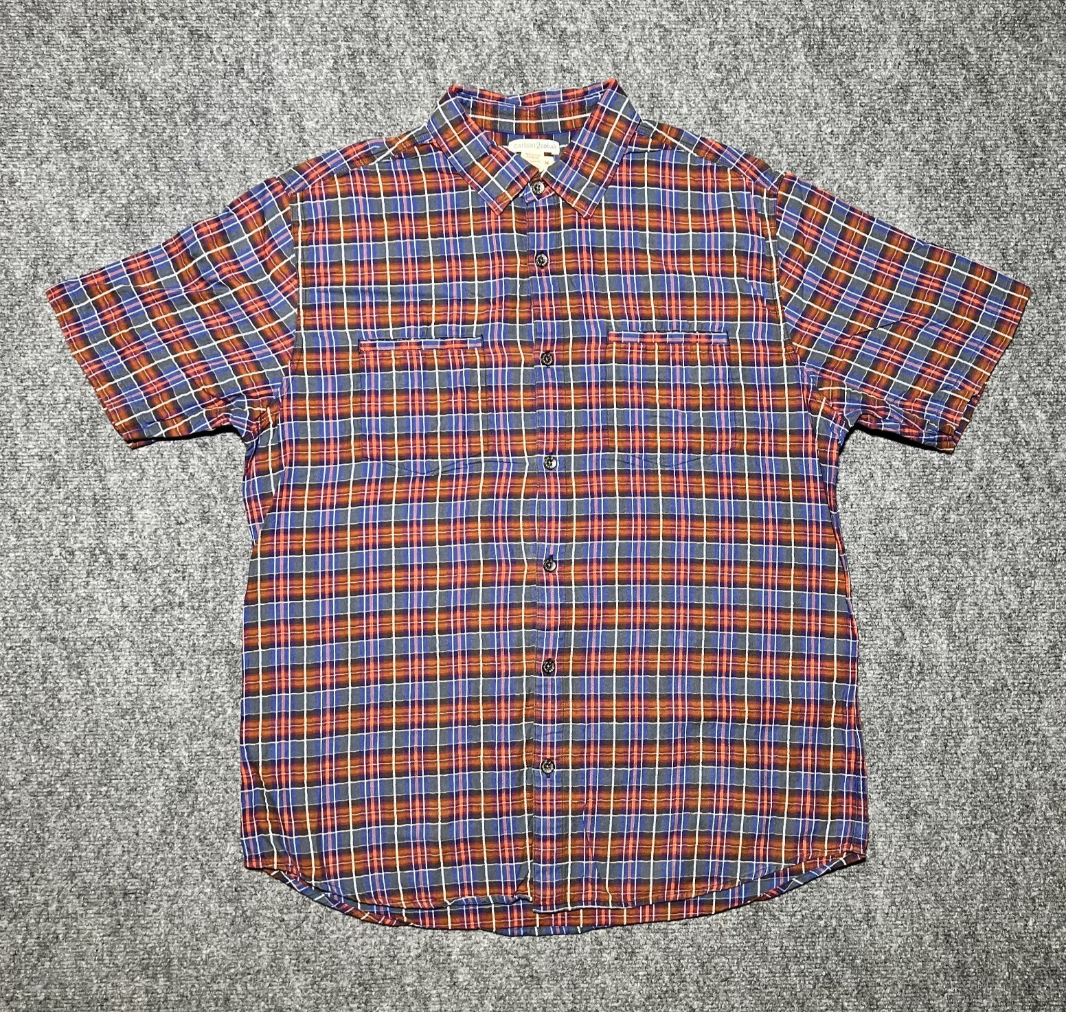Carbon 2 Cobalt Blue Red Check Plaid Short Sleeve Button Up Cotton Rayon Medium