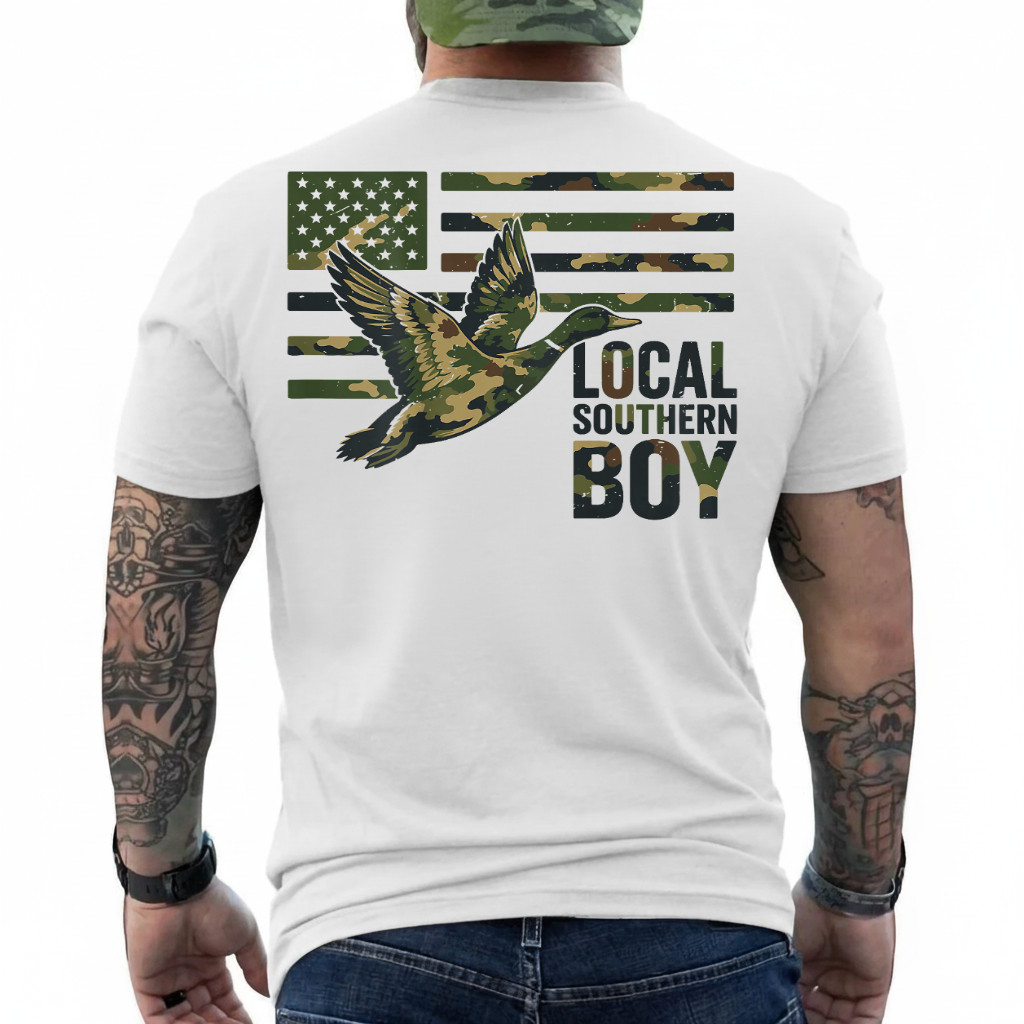 Local Camo Mallard Duck Camouflage American Flag (ON Back) T-Shirt