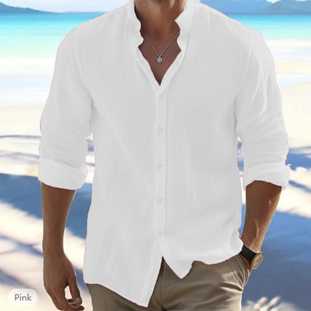 Cotton Linen Hot Sale Men’s Long-sleeved Shirts Summer Solid Color Stand-up Coll