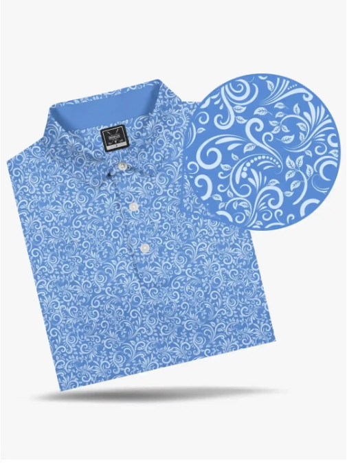Deolax Men’s Blue Damask Golf Polo Shirt | Floral Scroll Performance Polo