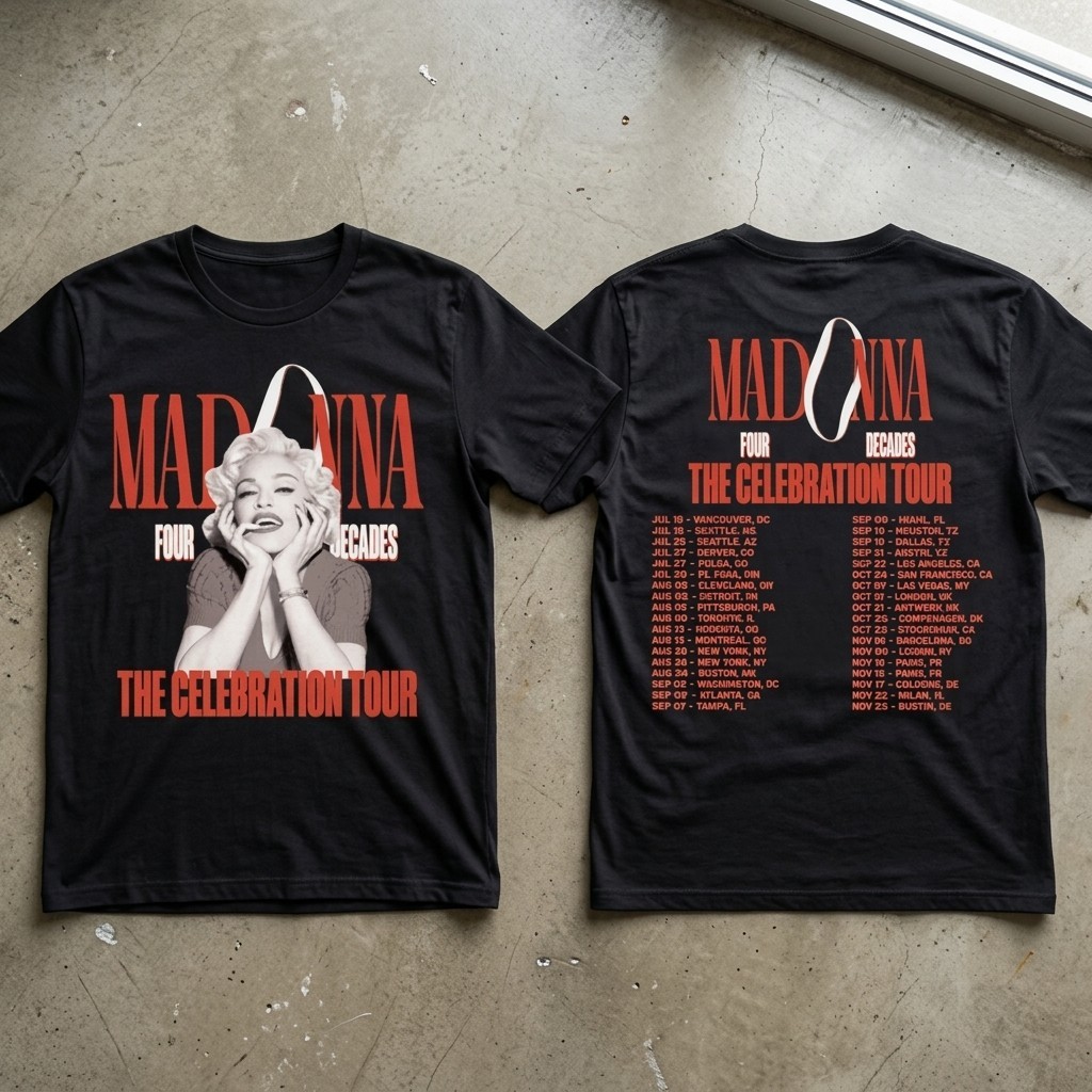 Mad0nna Celebration Tour 4 Decades Graphic Tee Double Sided Concert Fan Shirt