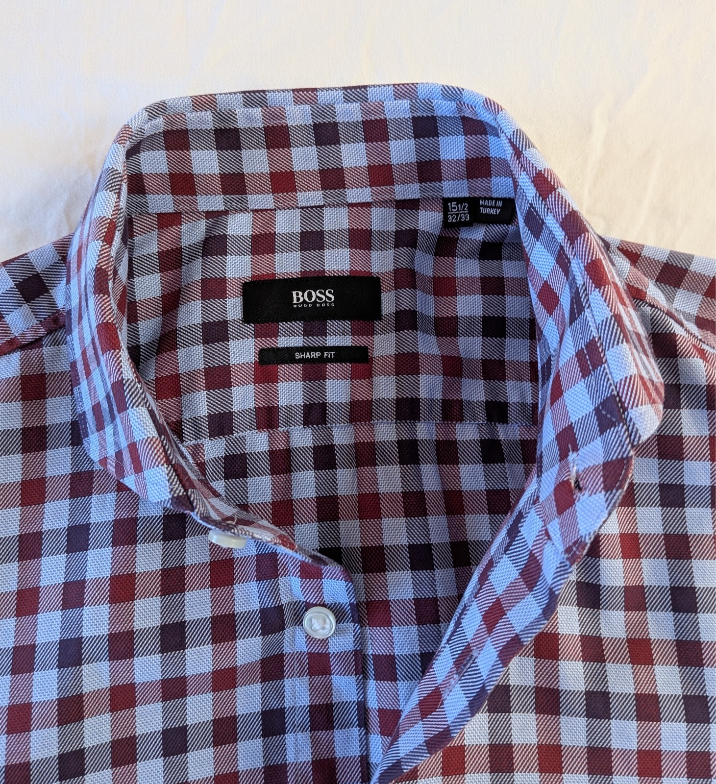 Hugo Boss Sharp Fit Button Up Shirt Blue & Red Check Mens 15.5 R 34 Mislabled