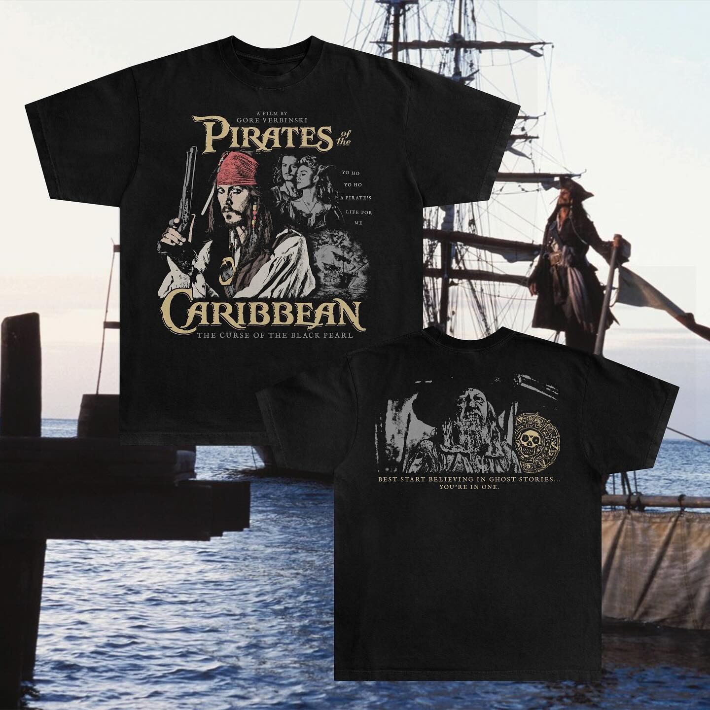 Monarch Wear Pirates of the Caribbean T-Shirt Johnny Depp Black Pearl Black