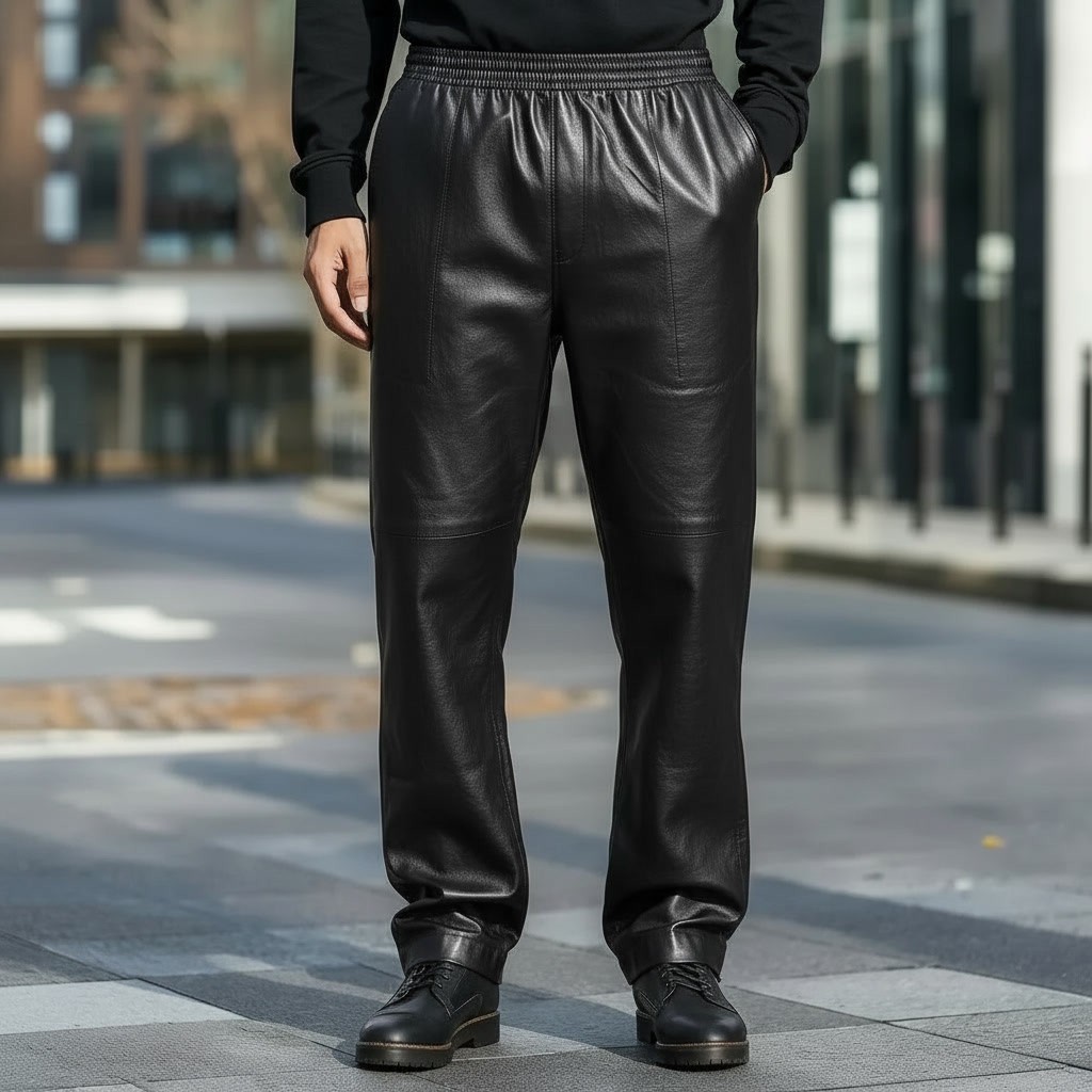 Men’s Genuine Leather Pants Elastic Waist Straight Leg Casual Relaxed Trousers