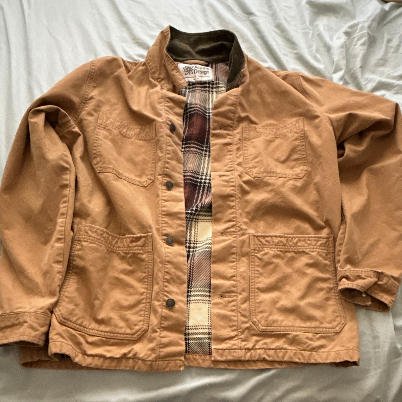 Alpine Design Men’s Lined Cotton Work Jacket Tan Button Front Spread Collar L