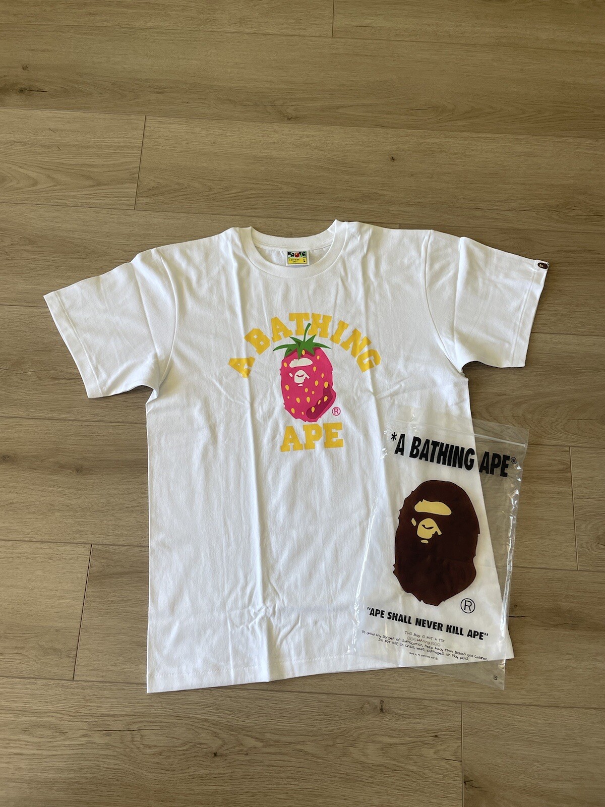 A Bathing Ape BAPE White Strawberry College Tee Multiple Sizes 100% Authentic