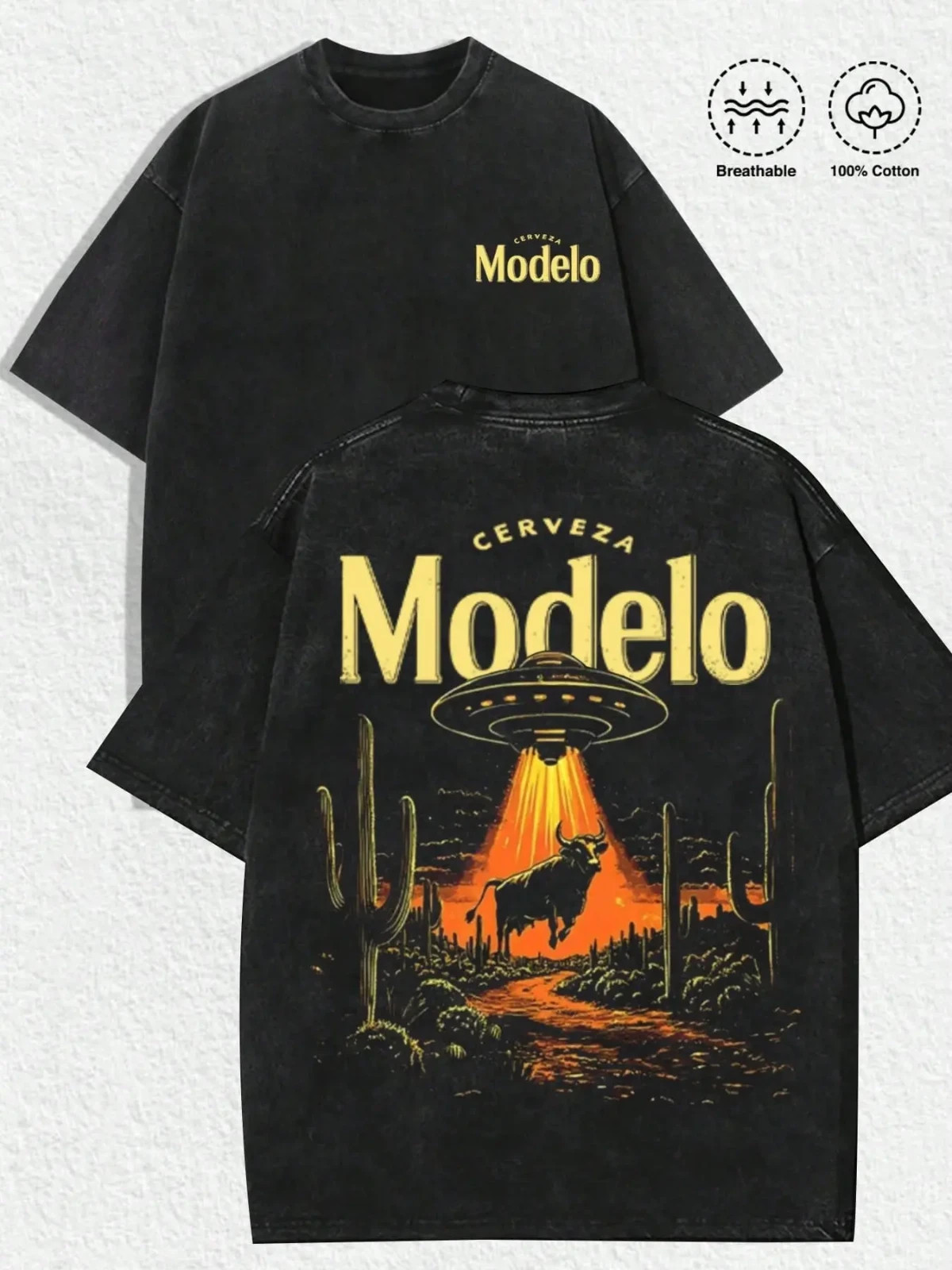 1 PCS “Retro American-Beer ‘Cerveza Modelo’ UFO Abducting Bull In Desert Cactus