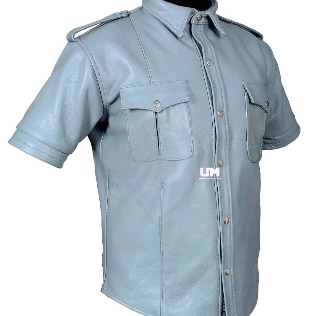 Men’s Gray Biker Style Sexy Gay Bluf Uniform Short Sleeve Leather Shirt