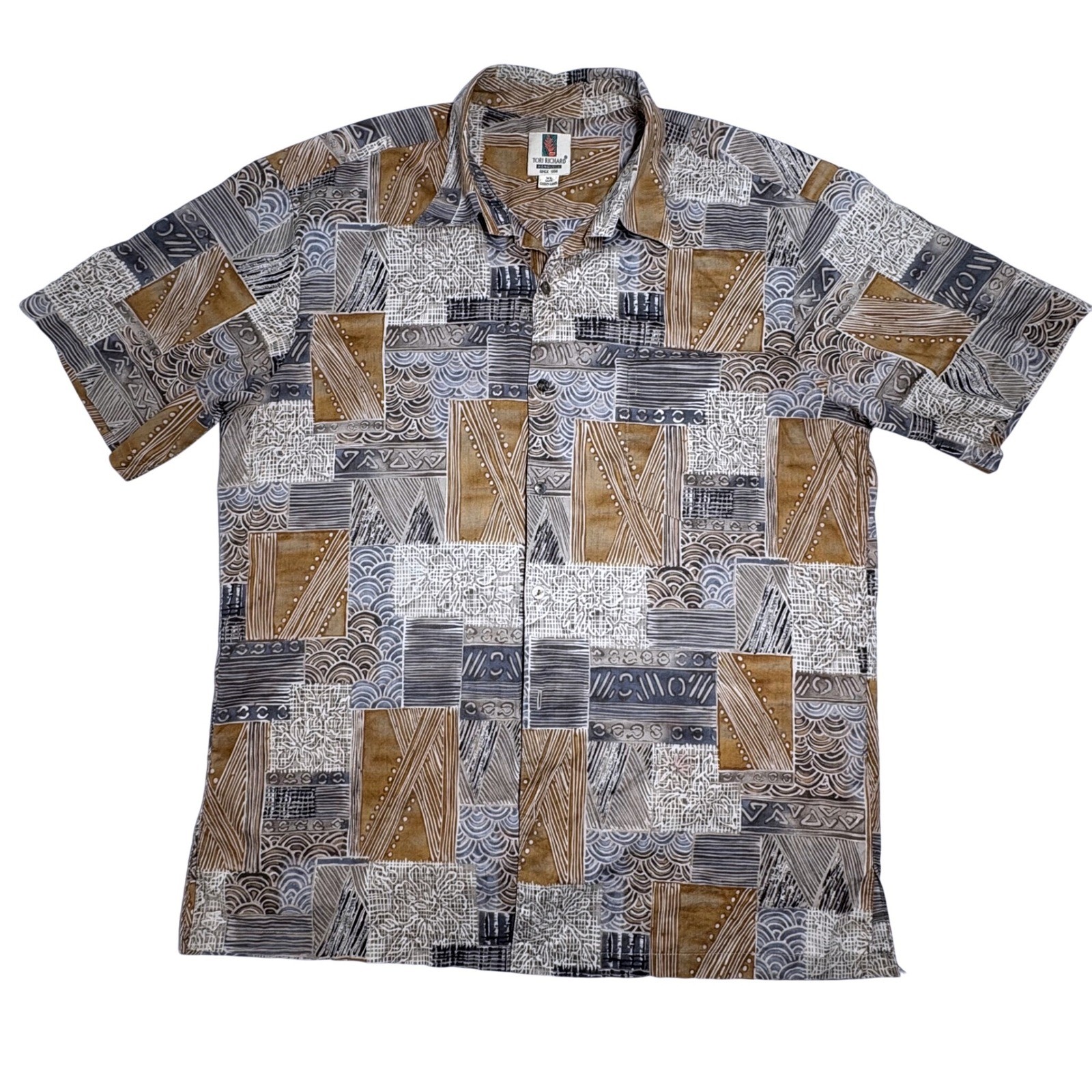 Tori Richard Mens XL Cotton Lawn Shirt Geometric Patchwork Made in Hawaii 8180