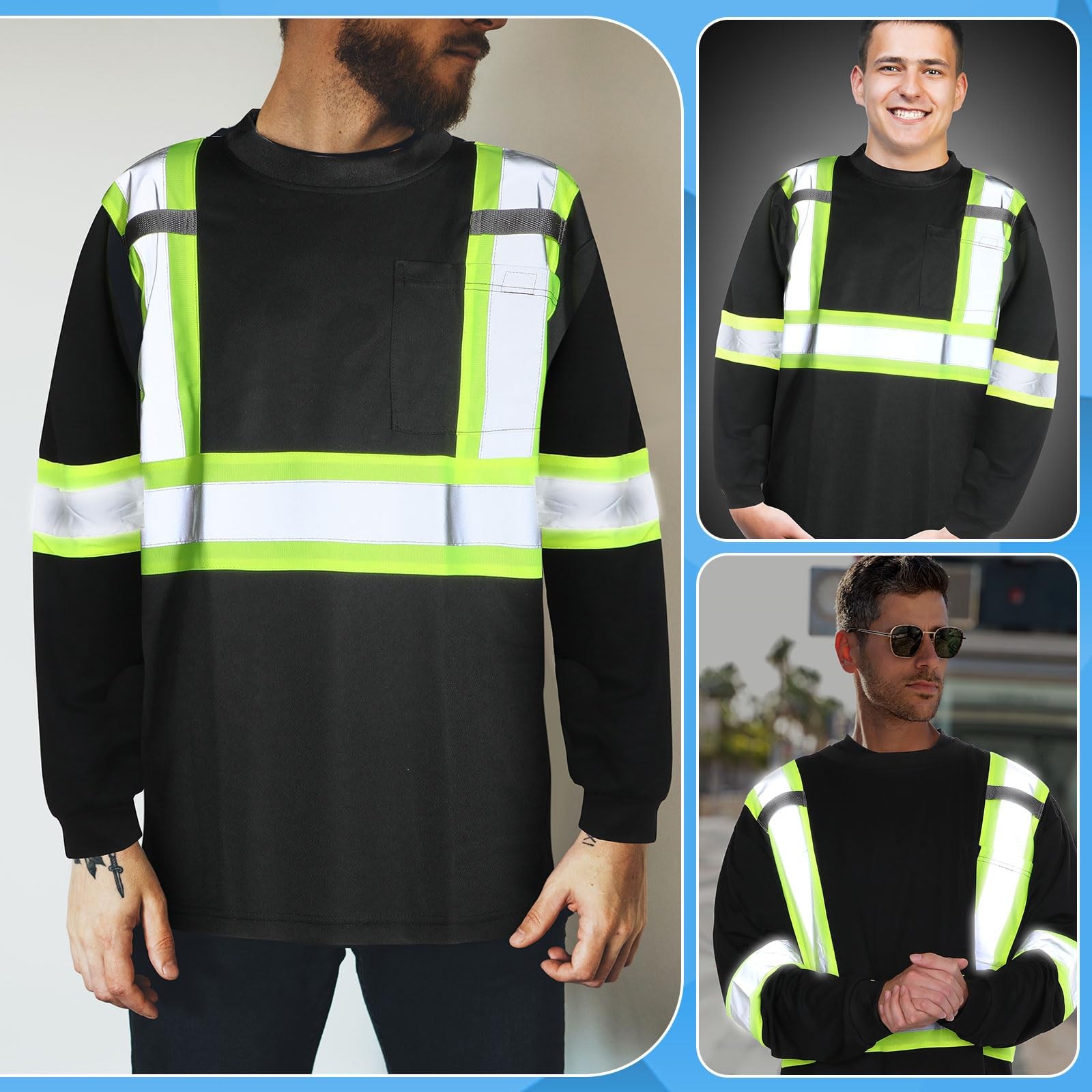 12 Pcs Safety Long Sleeve Shirts Bulk Class 3 Reflective High Visibility Shir…