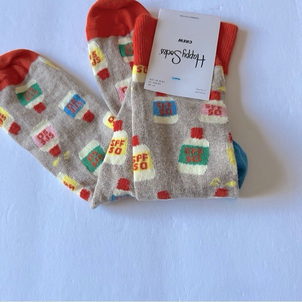 HAPPY SOCKS MENS SPF 50 PRINT COTTON SOCKS LIGHT BROWN MULTI OS NWT