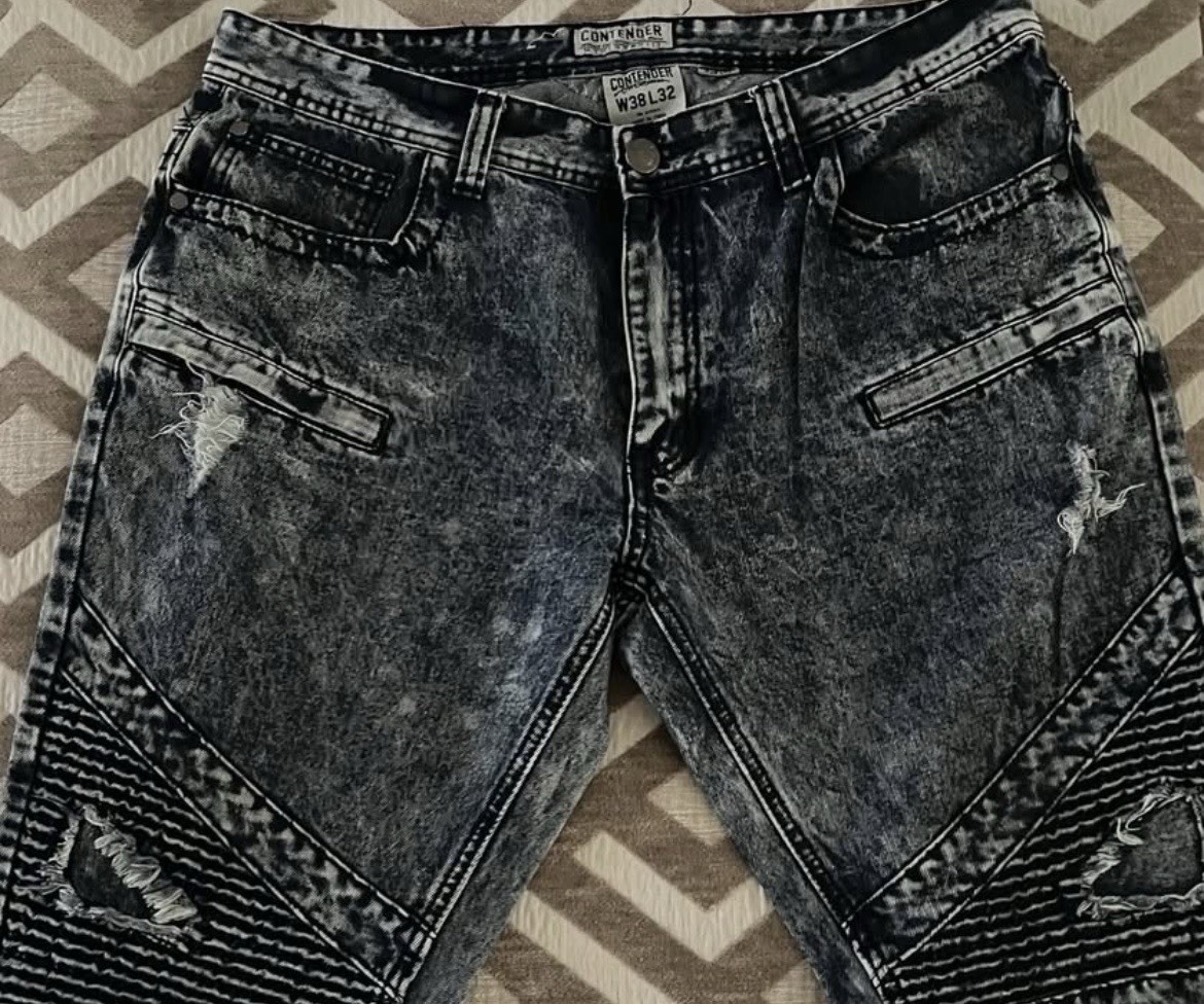 Contender Men’s Blue Acid Wash Distressed Biker Slim Skinny Denim Jeans 5-Pocket