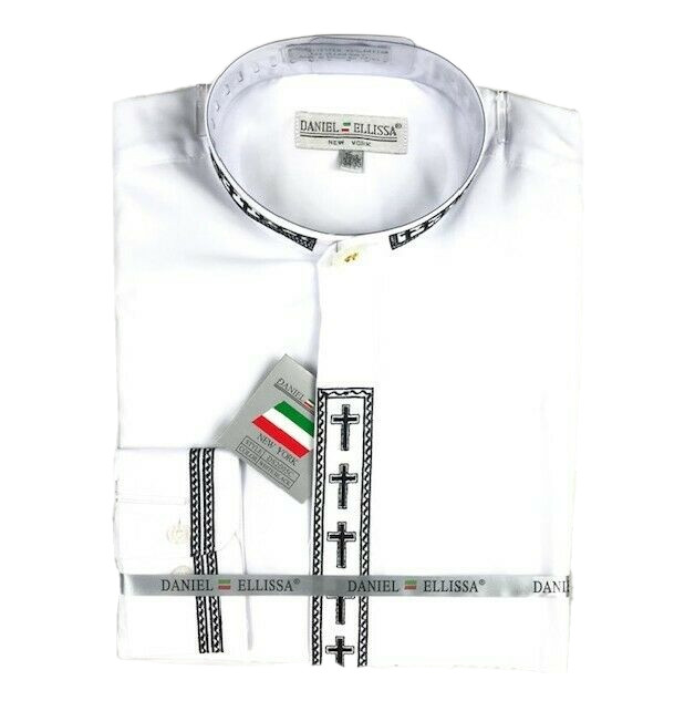 Daniel Ellissa Men’s Clergy Shirt White Black Cross Embroidery Sizes 15.5 – 20.5
