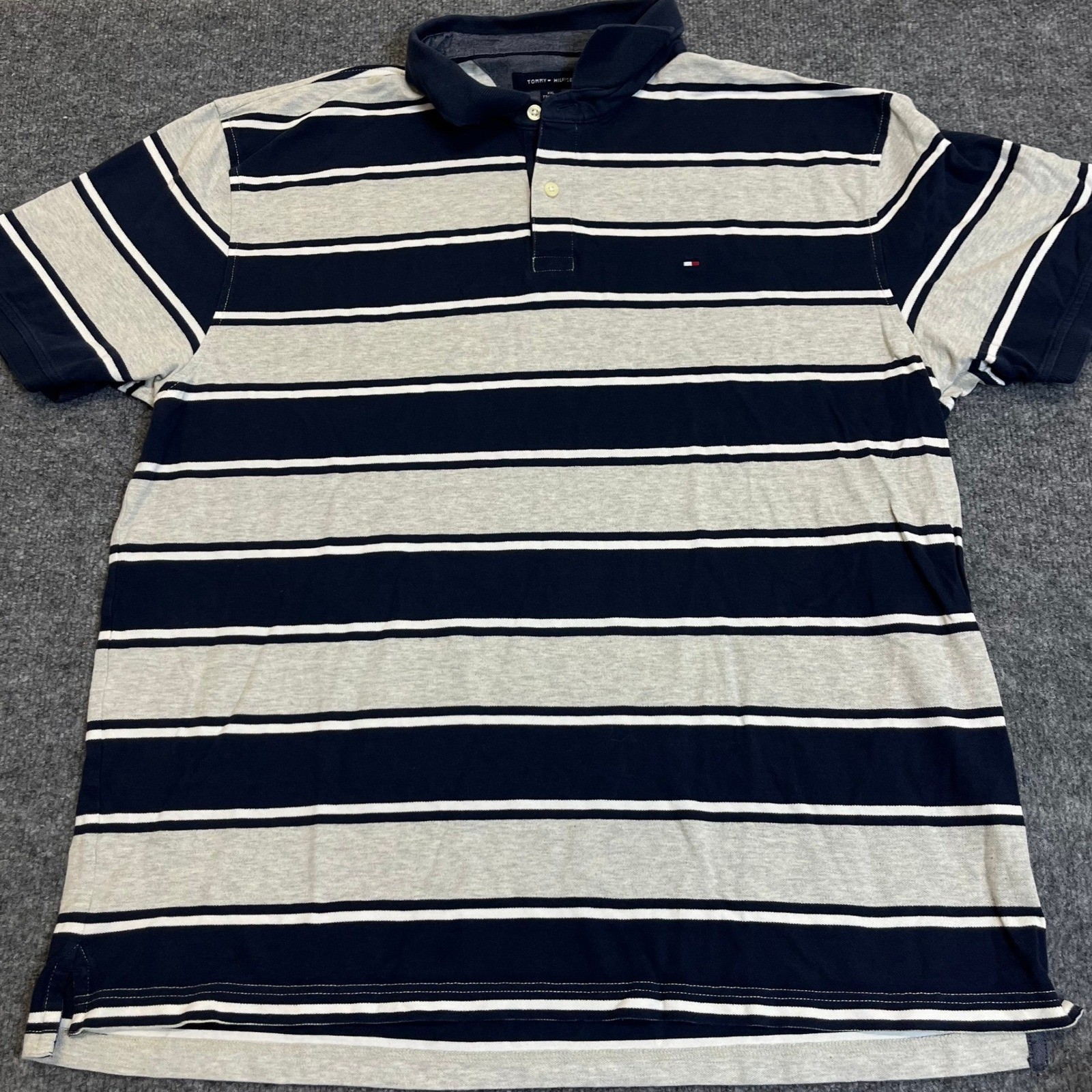 Tommy Hilfiger Polo Mens Size XXL Navy Grey Striped Short Sleeve Classic Fit