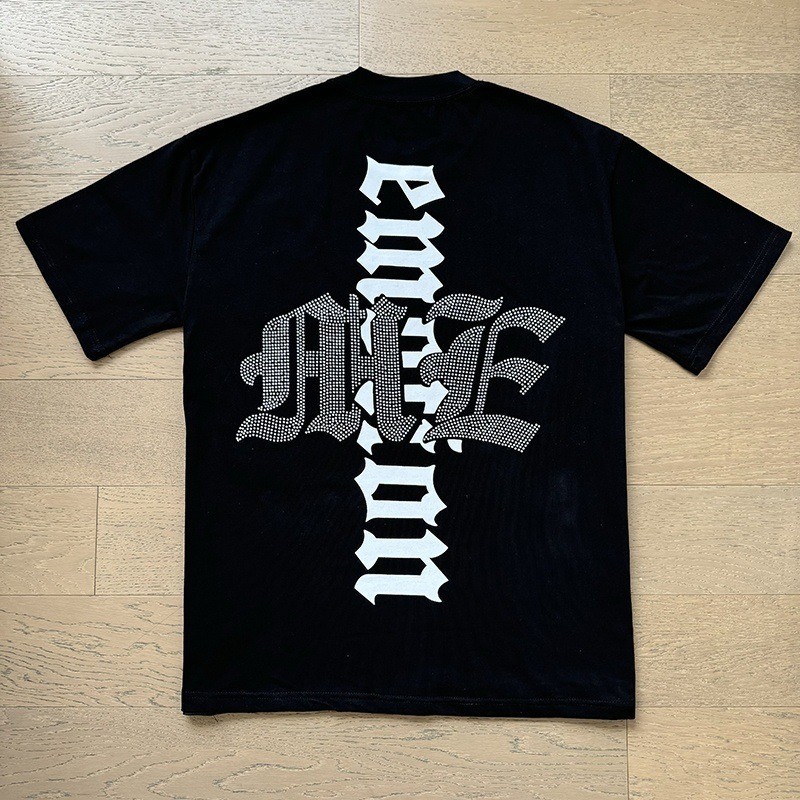 MIXED EMOTION Retro Rhinestone Letter Print Round Neck T-shirt