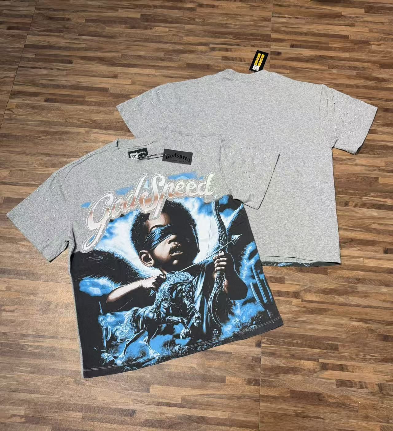 Mens NEW Godspeed Skeleton Blindfolded child angel print Short sleeved T-shirt