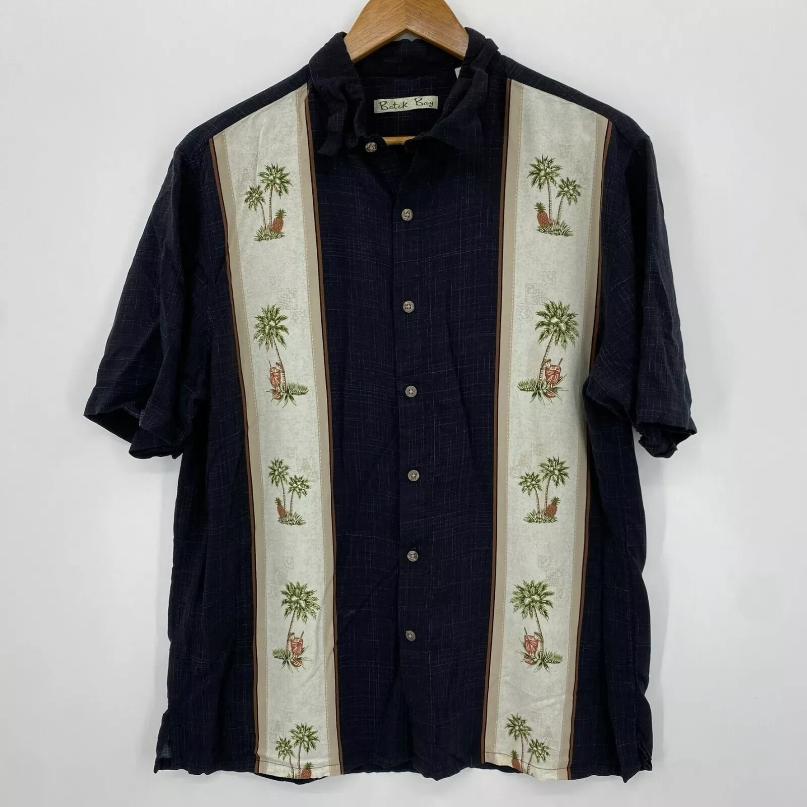 Batick Bay Hawaiian Shirt Mens Size L Multicolor Palm Trees Print Collared Rayon
