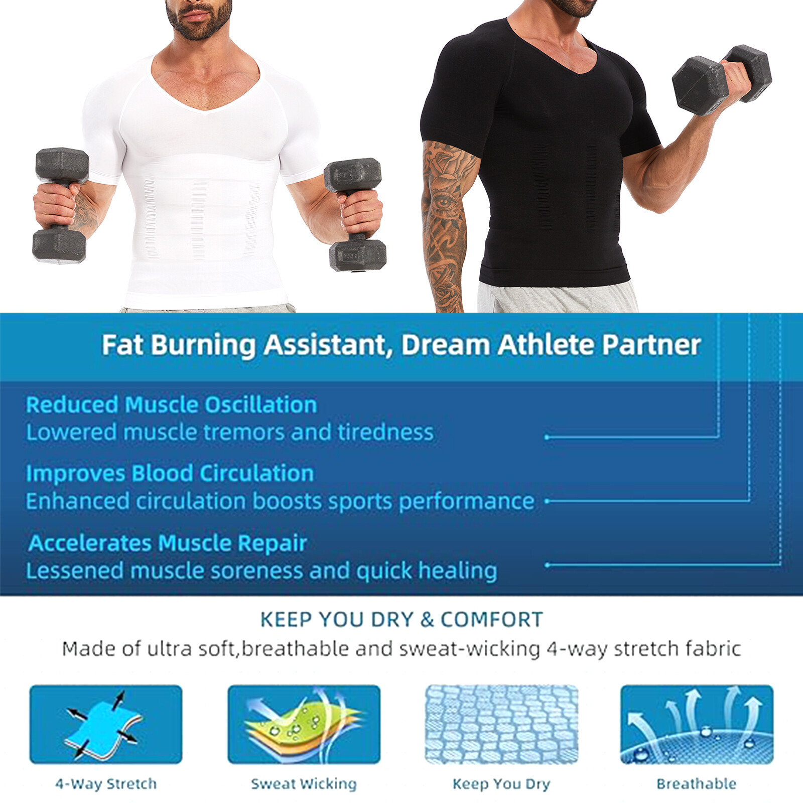 V-Neck Compression Posture Corrector T-shirt Men Body Slimming Tummy Body Shaper