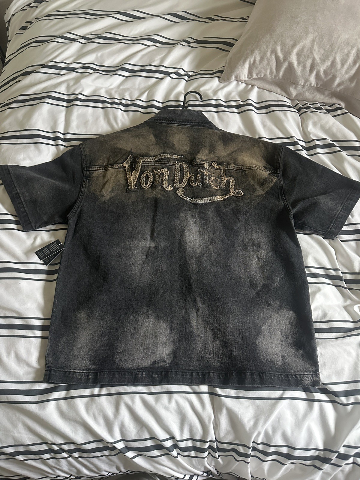VON DUTCH ORIGINALS BLACK DENIM WORK SHIRT JACKET LG FADED CHORE Y2K STREETWEAR
