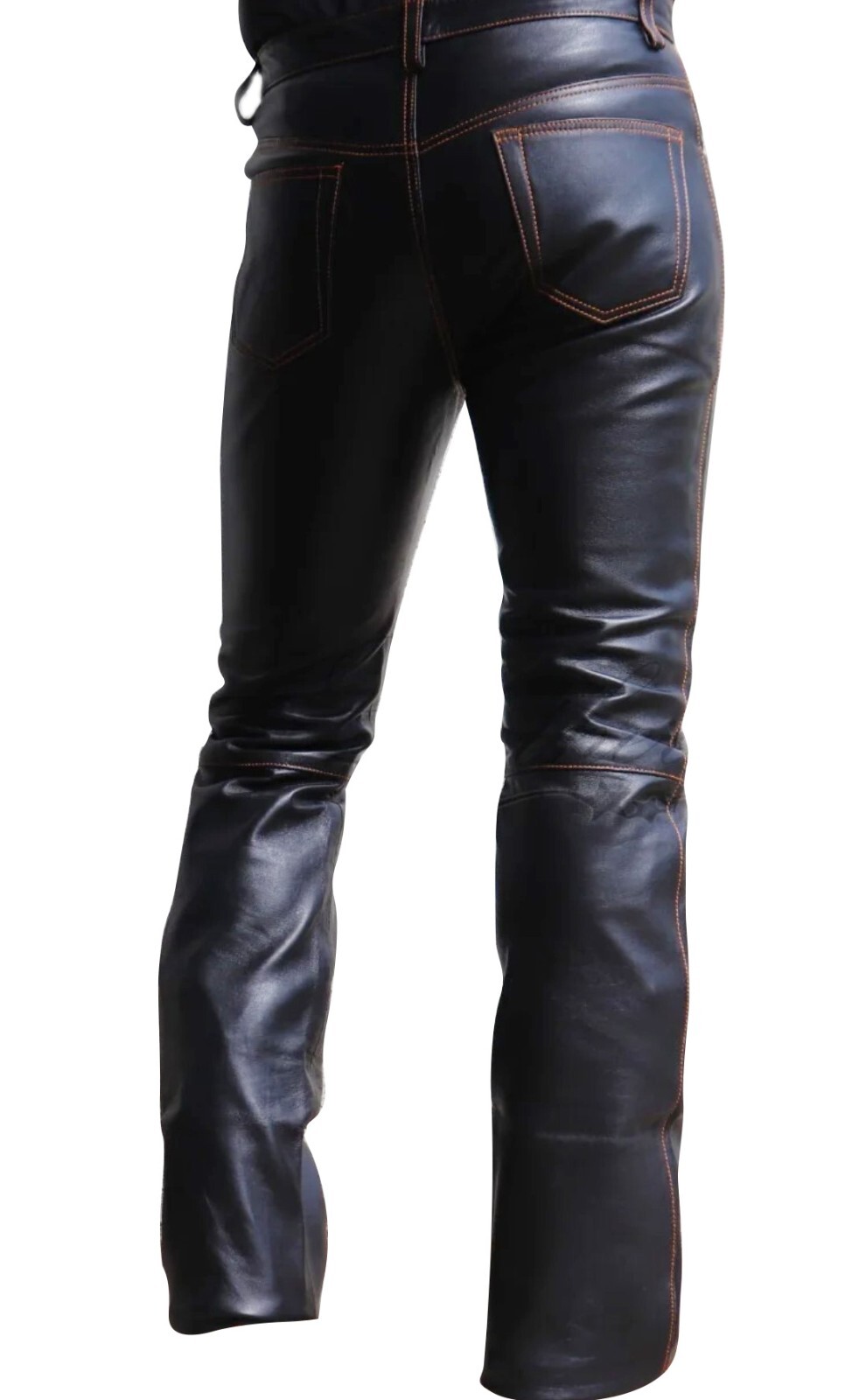 Men’s Real Lamb Leather Bootcut 5 Pockets Pants Contrast Thread Bikers Pants