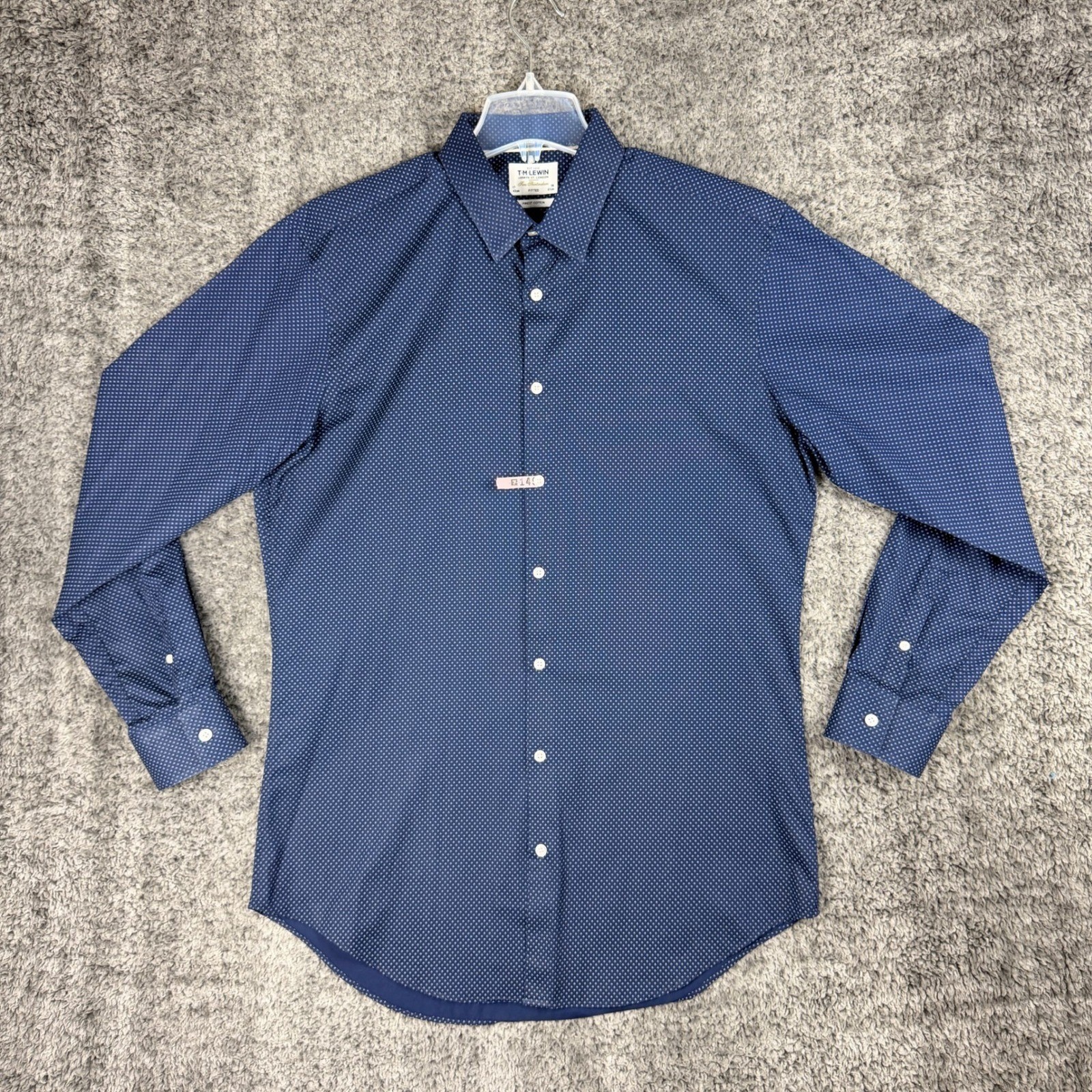 TM Lewin Men’s 17 43cm 36 97cm Fitted Dress Shirt Navy Blue Geometric Dot Cotton