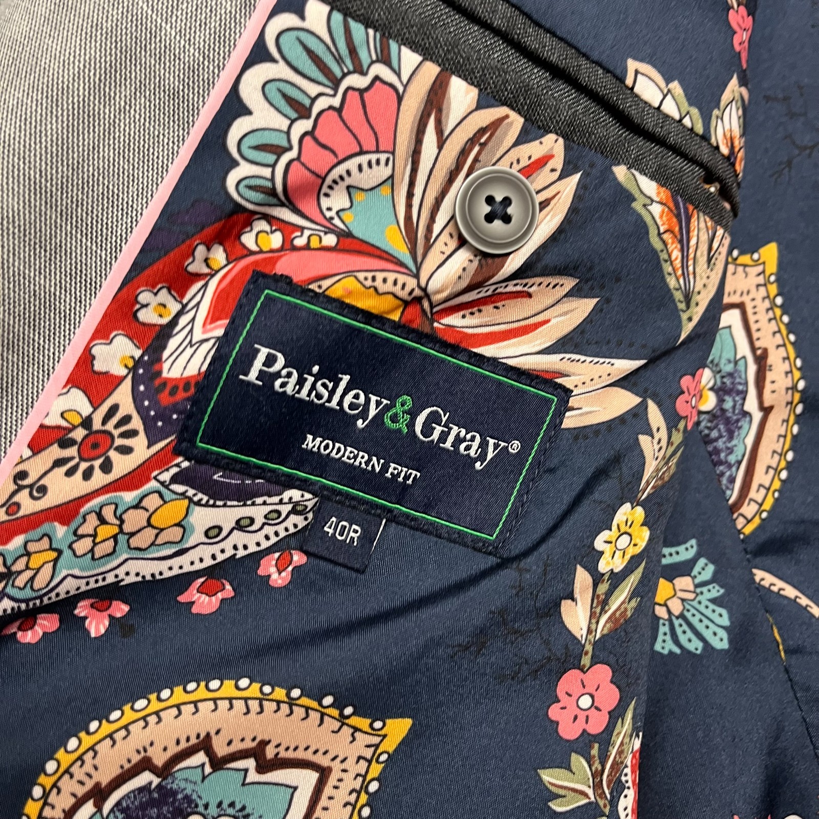Paisley & Gray Men’s Blazer Size 40R Gray Modern Fit Paisley Floral Lining Suit