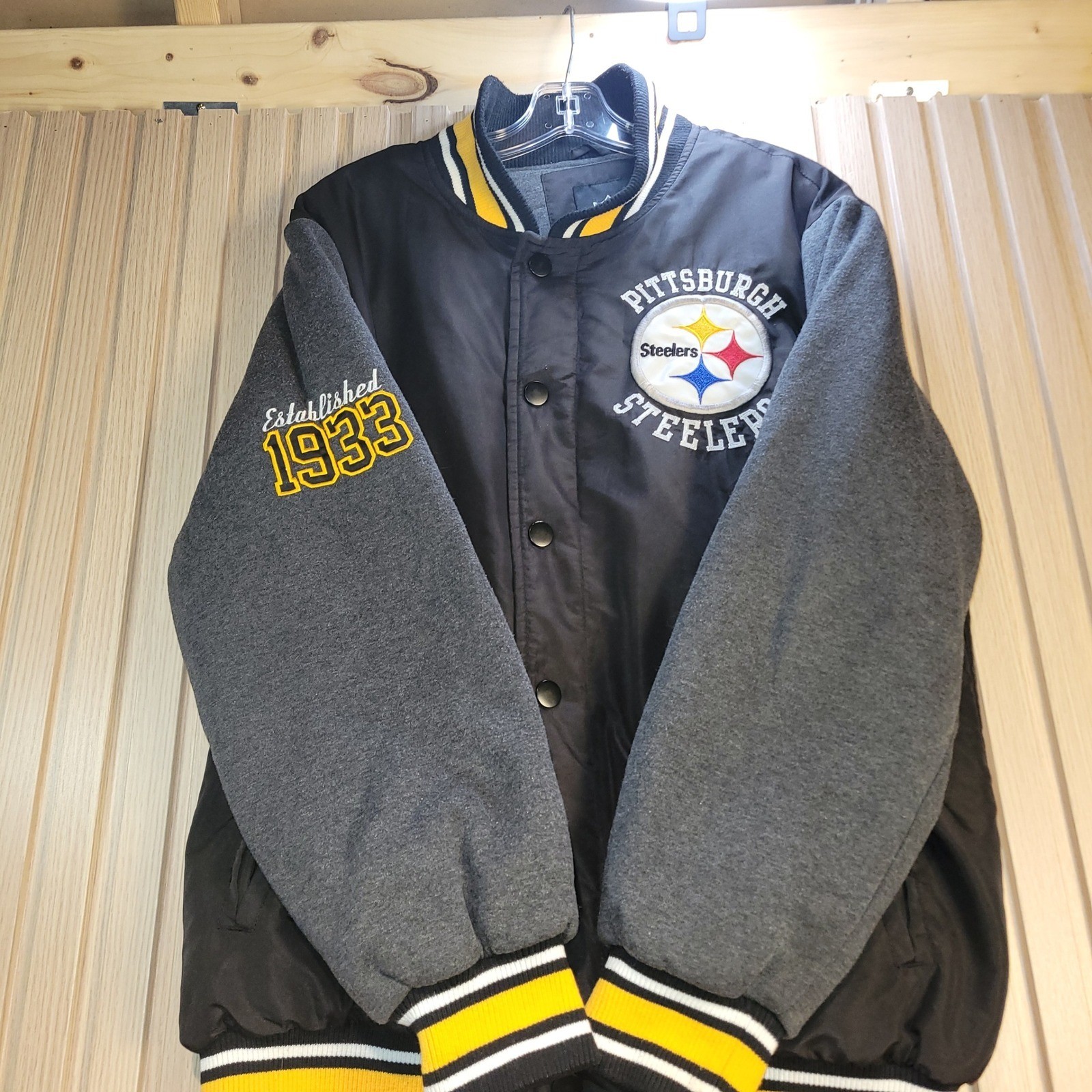 NFL Pittsburgh Steelers Varsity Jacket Mens Medium Black Grey Bomber 1933 Logo
