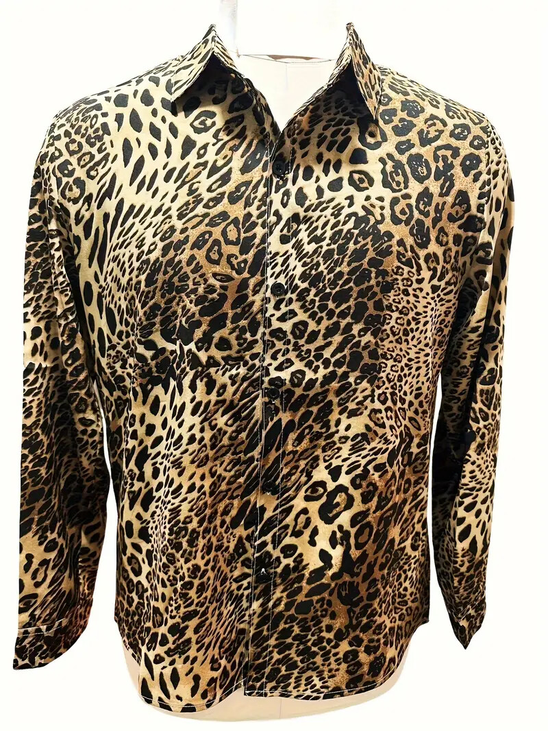 Button Down Shirts Leopard Brown Graphic Print Party Long Sleeve Fashion Up Mens