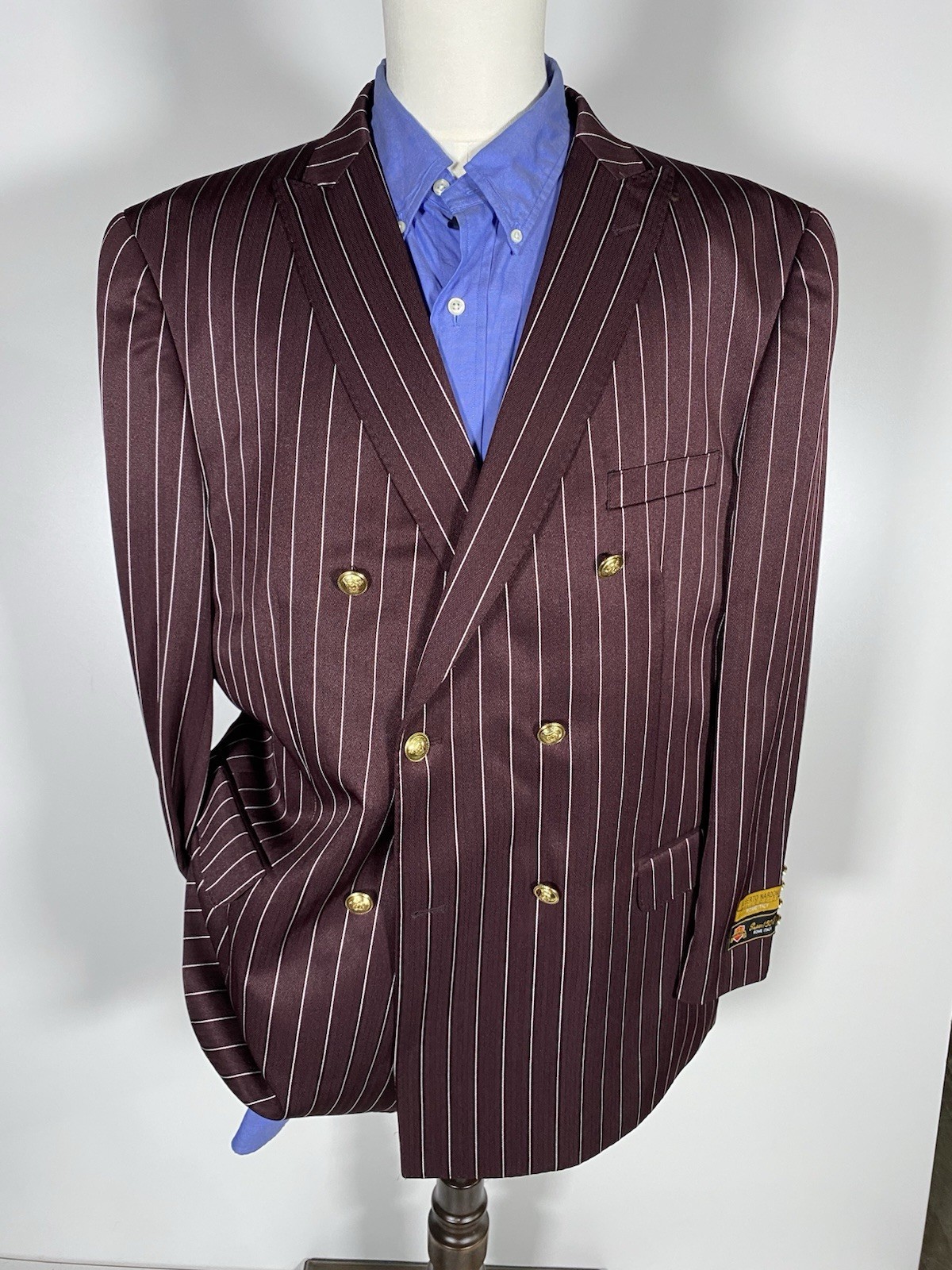 NWT 46R Burgundy Red Pinstripe Gold Button Double Breasted Blazer coat Jacket