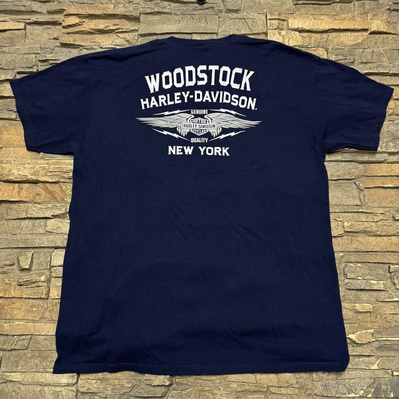 Vintage Harley Davidson T Shirt Men XL Blue Woodstock New York Motorcycle USA