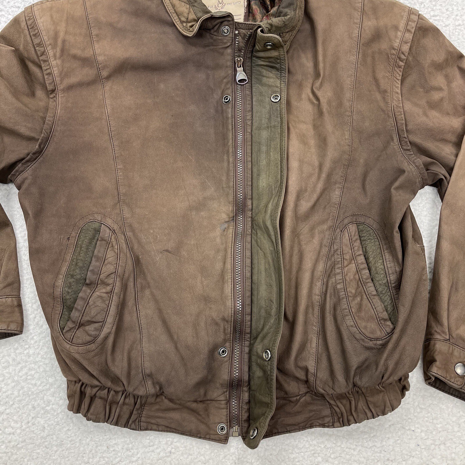 Members Only Leather Bomber Jacket Mens 44 Brown Full Zip Paisley Lining