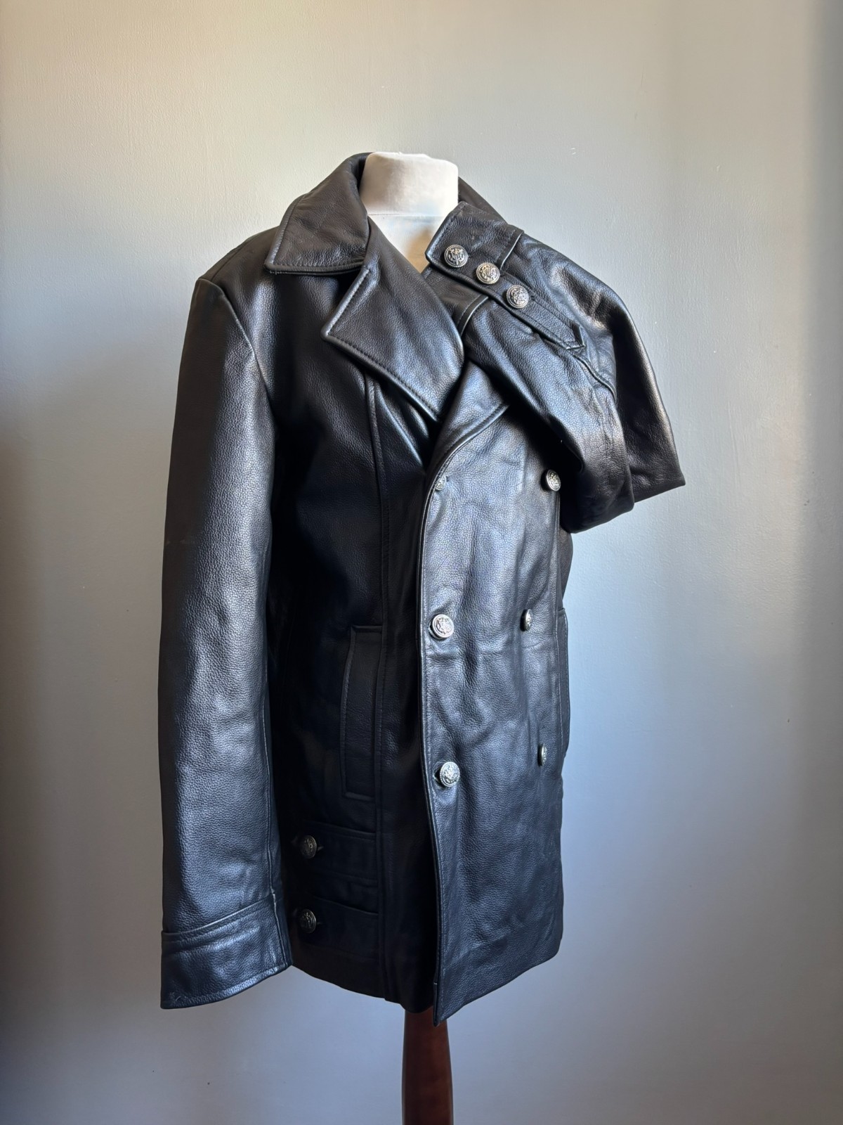 Mens military leather JACKET COAT heavy distressed 42 44 large black SMART RANGE
