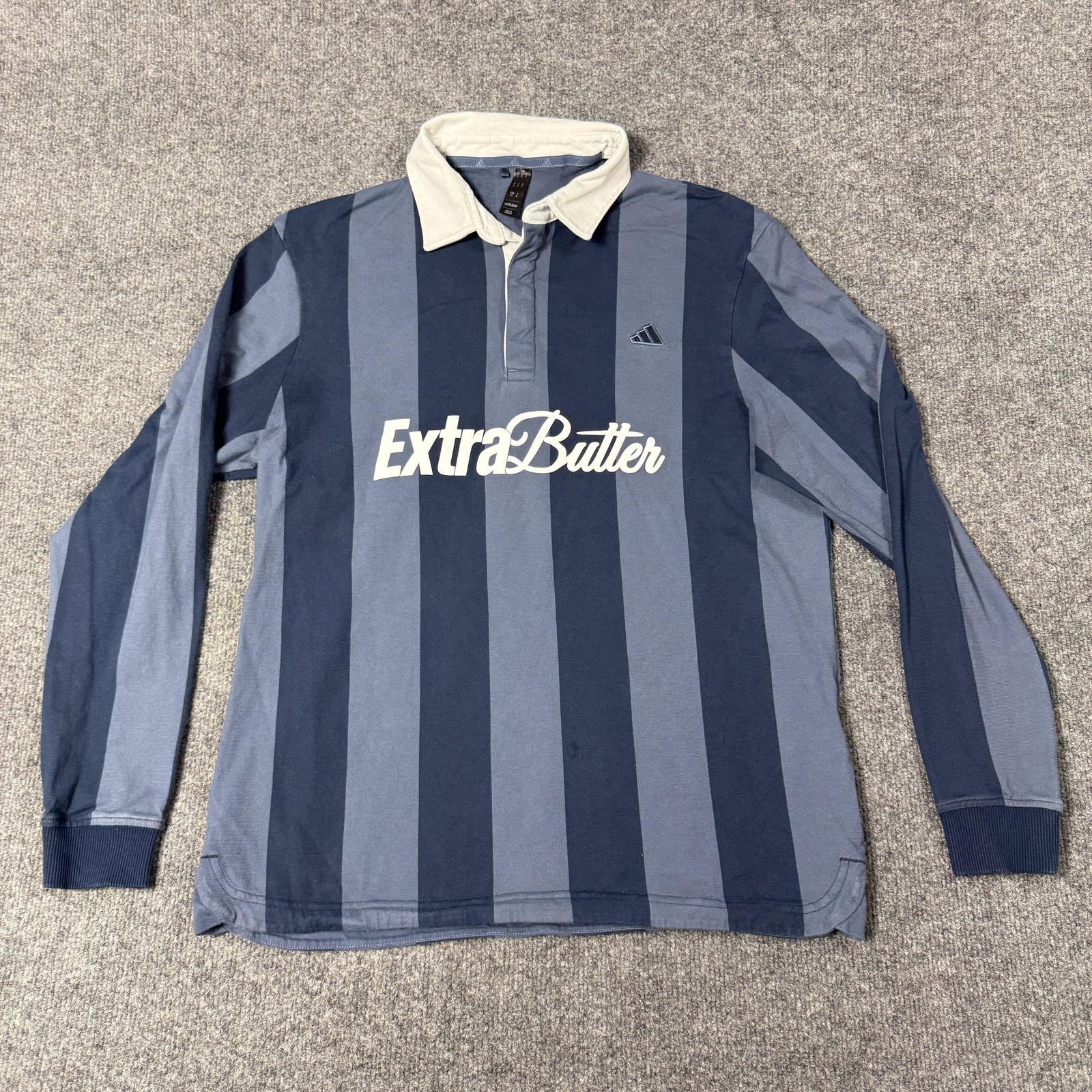 Adidas Extra Butter Rugby Polo Shirt Mens Small Blue Stripe Long Sleeve Stain