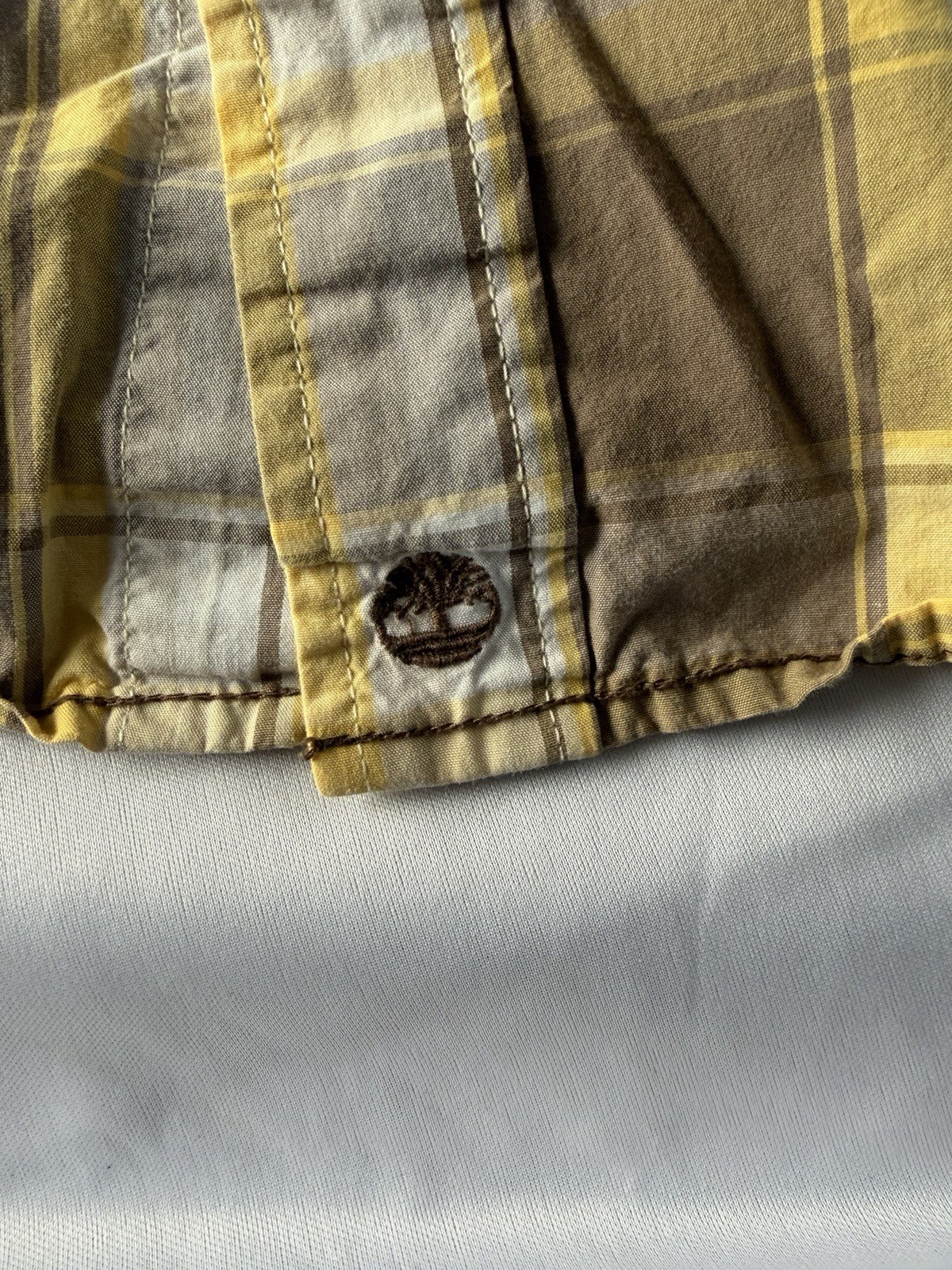 Timberland Button Up Shirt Mens XL Regular Brown Yellow Plaid Cotton Woven