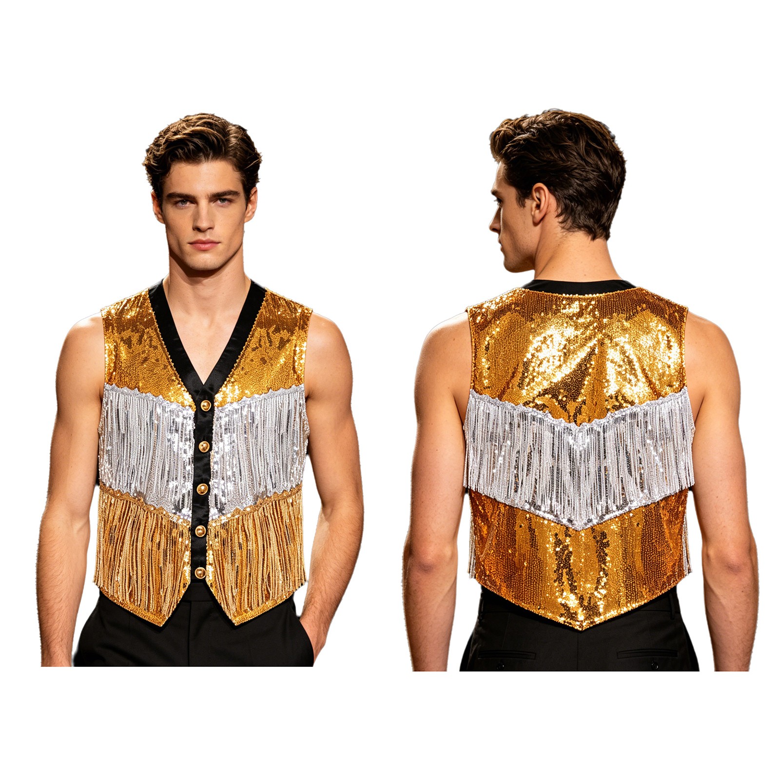 Mens Tank Ball Tops V Neck Vest Sequin Waistcoat Tassel Glitter Metallic Coat