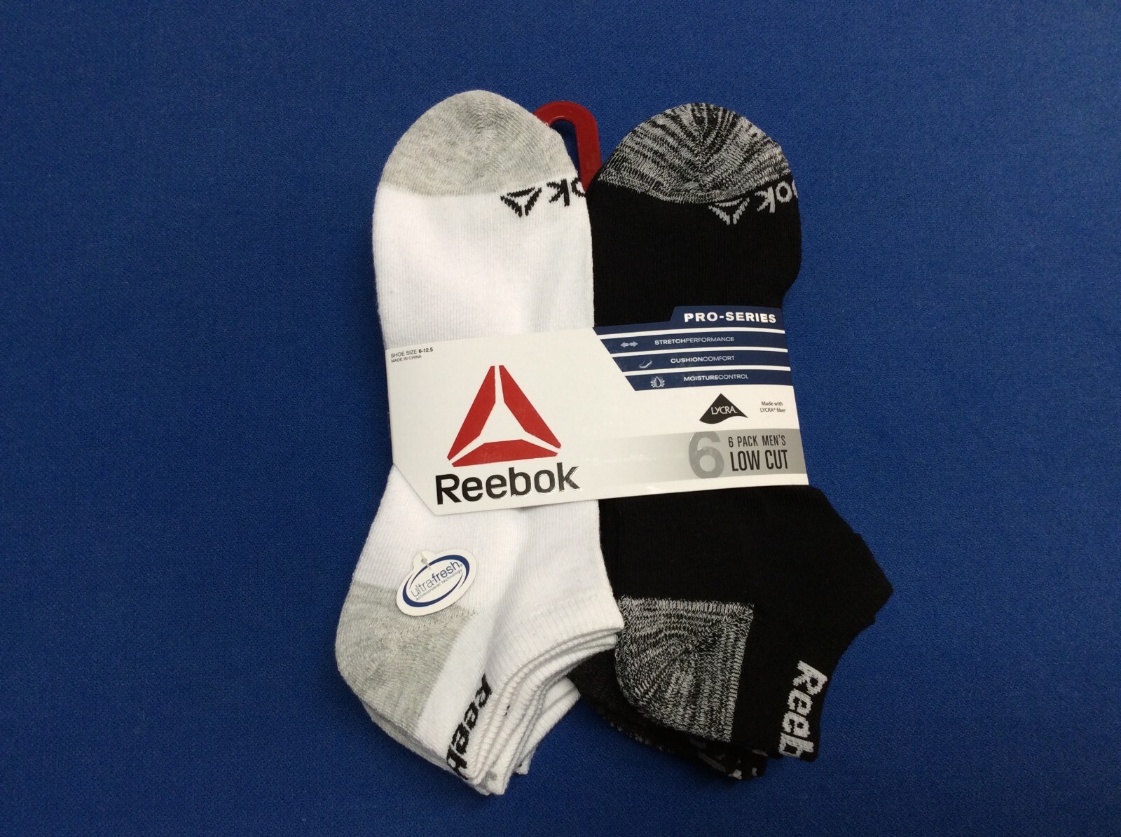 Men’s socks, Reebok Pro-Series, ankle, low cut, or no show, black or white, 6 pk