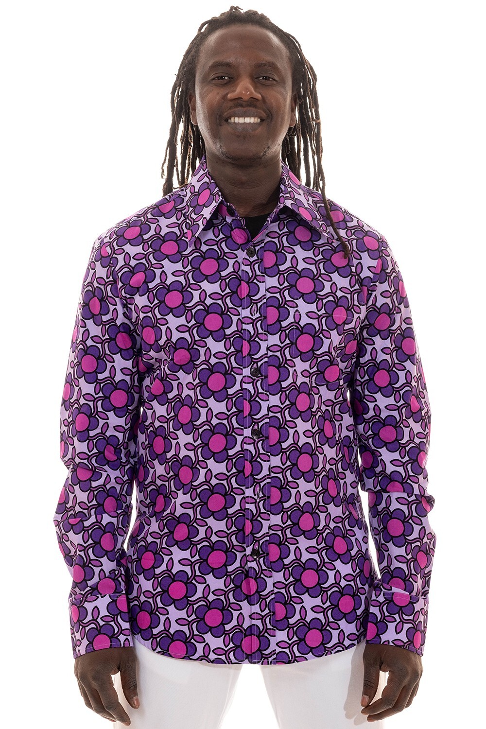 Chenaski Mens Hippie Long Sleeve Shirt Floral Purple