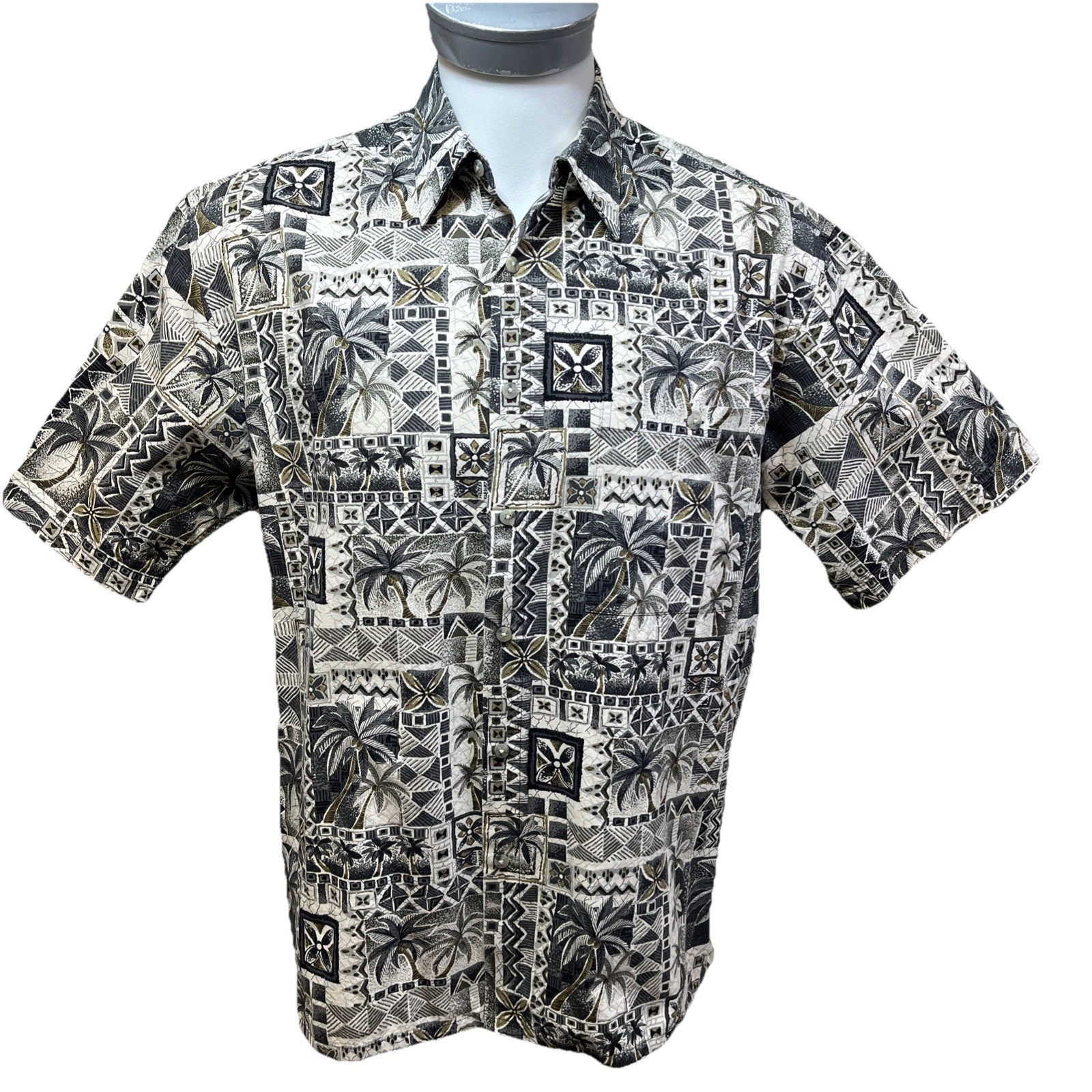Hollis River Men Floral Short Sleeve Button-Up Shirt Black Beige Size L U5
