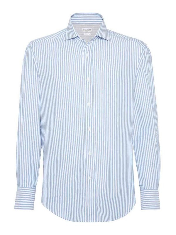 BRUNELLO CUCINELLI MEN’S WHITE AND LIGHT BLUE STRIPED SHIRT MSRP $935