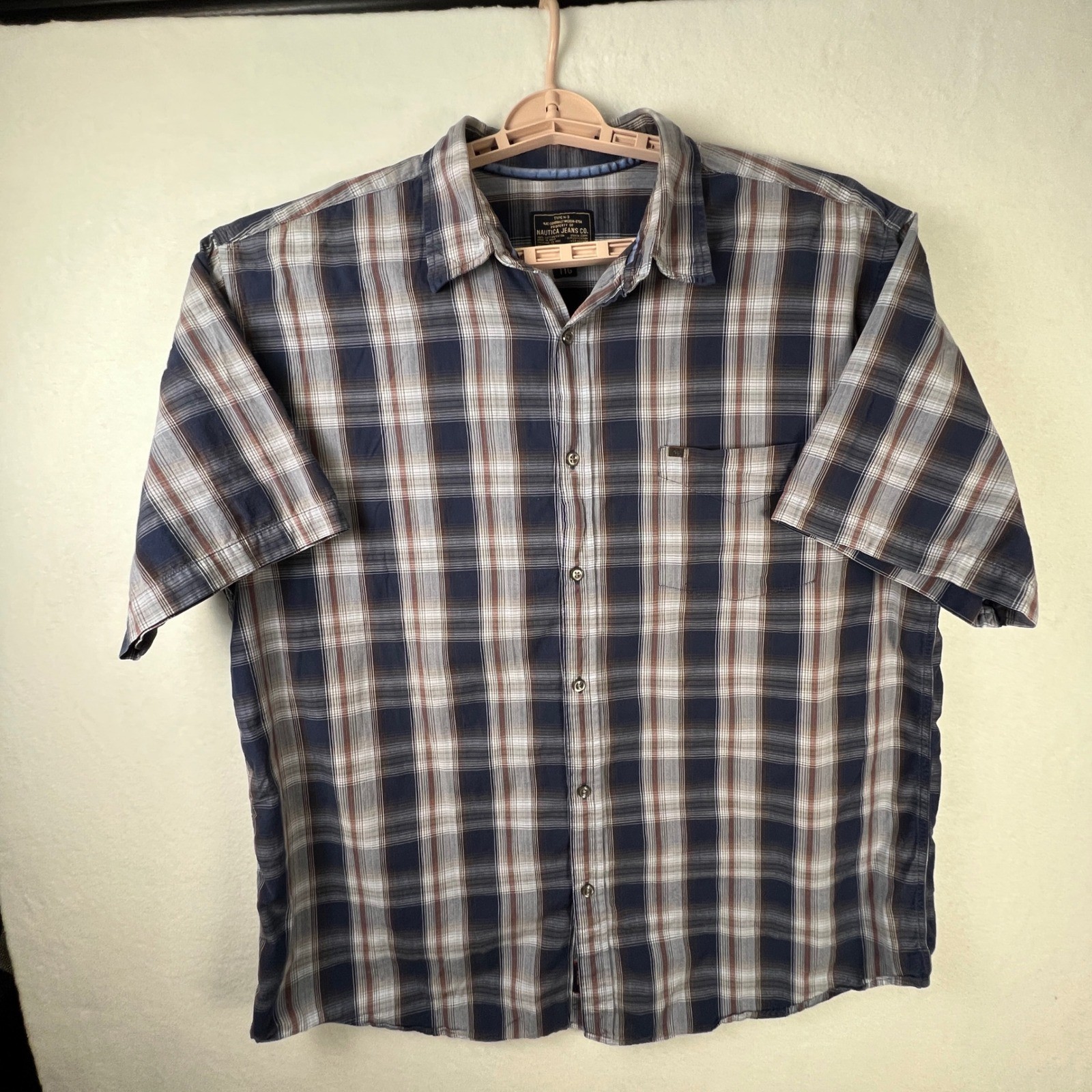 Nautica Jeans Co Mens XXL Plaid Button Down Shirt Navy Blue Short Sleeve Cotton