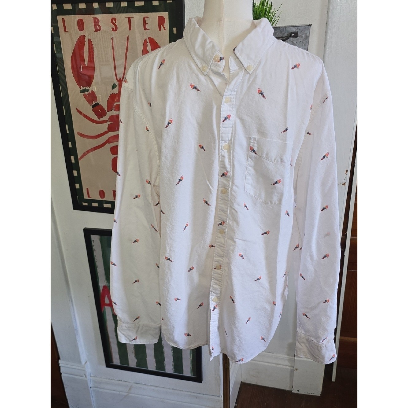 American Eagle Outfitters White Button-Down Shirt with Small Red Parrot Mens Xl