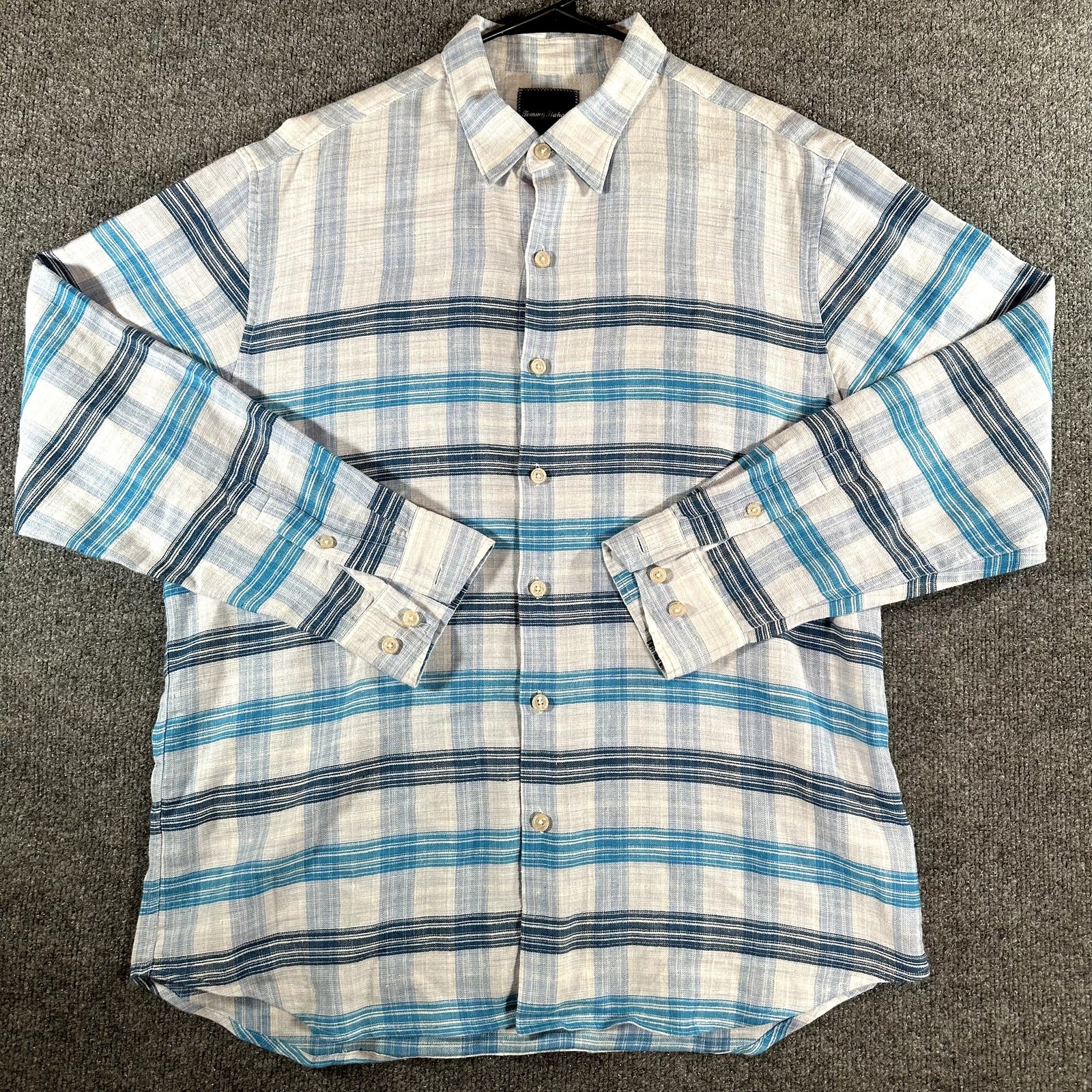 Tommy Bahama Linen Sorona Button Up Shirt Men’s L Blue Stripe Long Sleeve