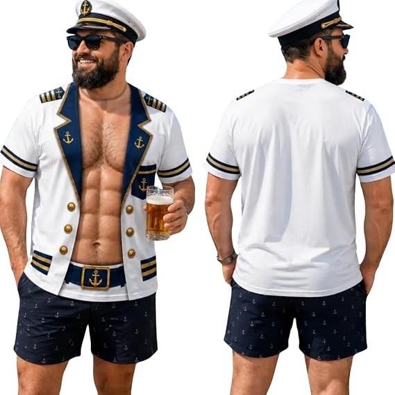 3D Hairy Body 6 Pack ABS Fake Captain Uniform Nautical Funny T-Shirt Size S-5XL