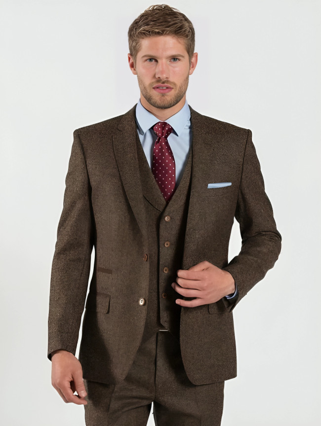 Brown Tweed Wool 3-Piece Suit for Men | Vintage Style Wedding & Winter Groom