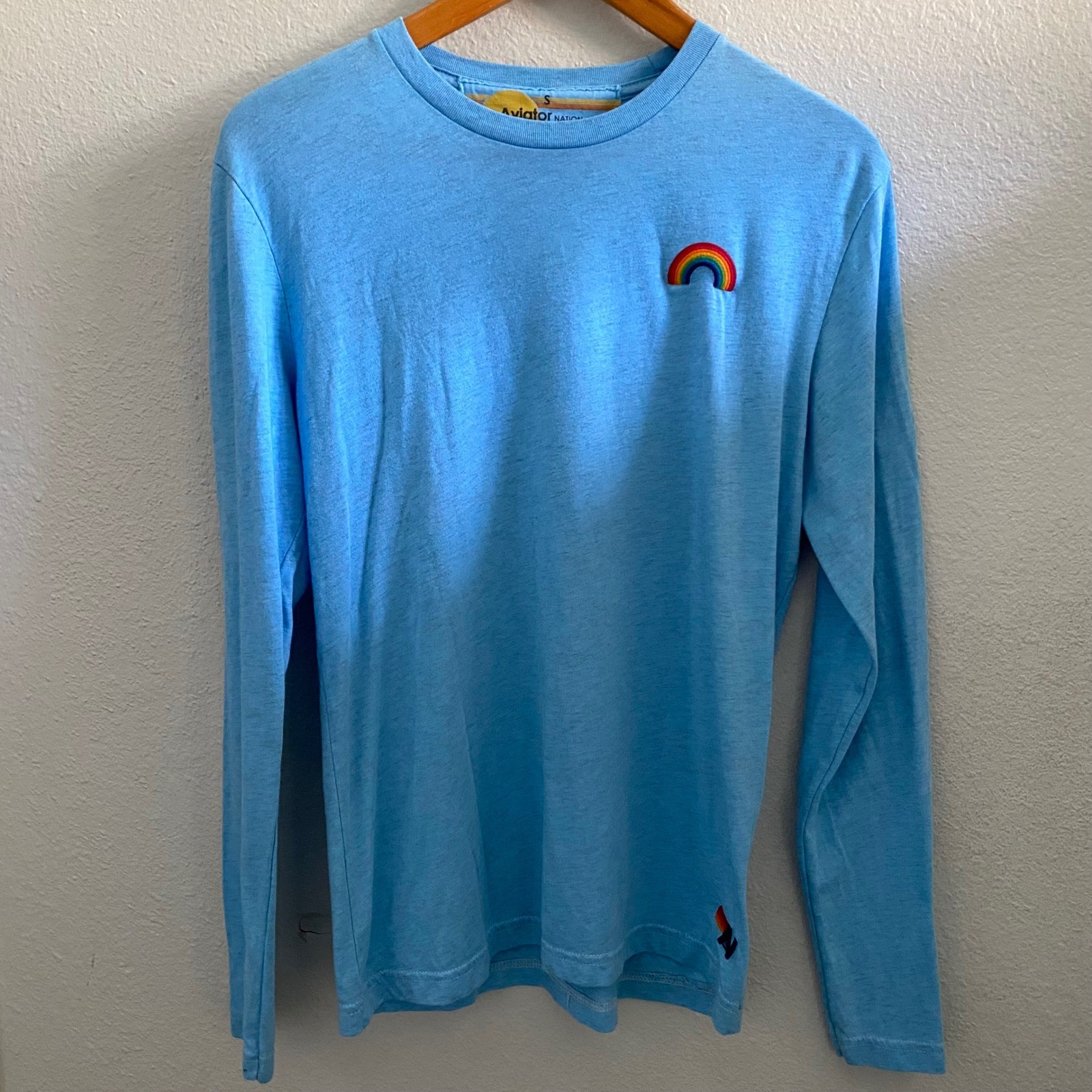 Aviator Nation Light Blue Rainbow Embroidered Long Sleeve Tee Shirt Small