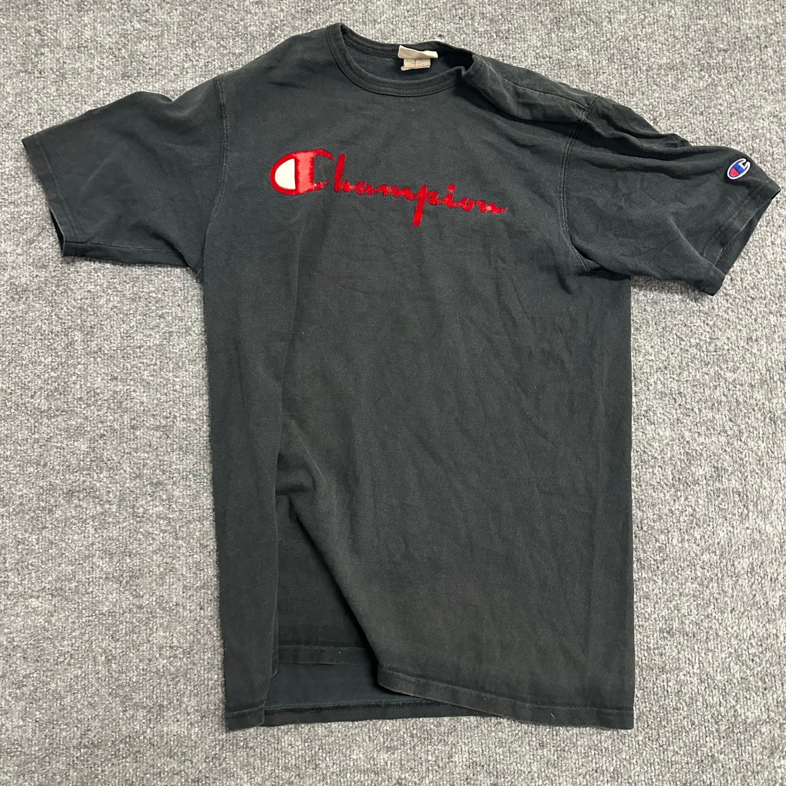Champion T-Shirt Mens Size Large Black Distressed Script Logo Short Sleeve Tee