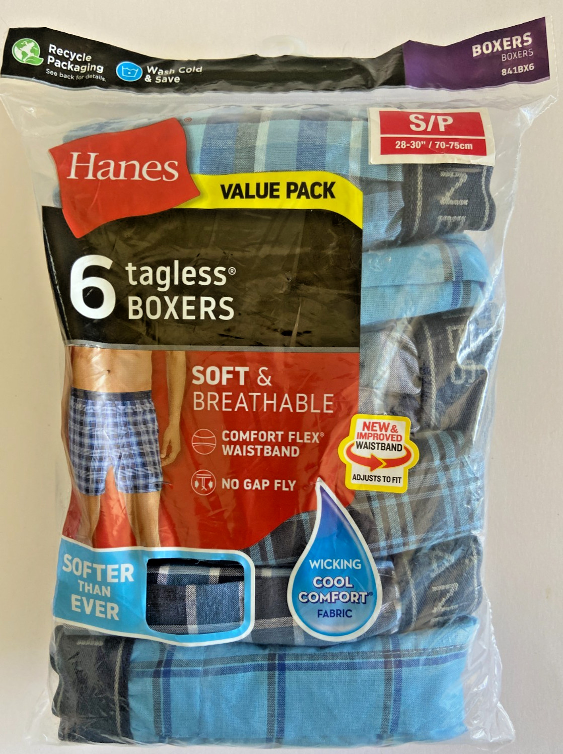 6-Pack HANES Men’s Size S Tagless Boxers Wicking Cool Comfort Plaid No Gap Fly